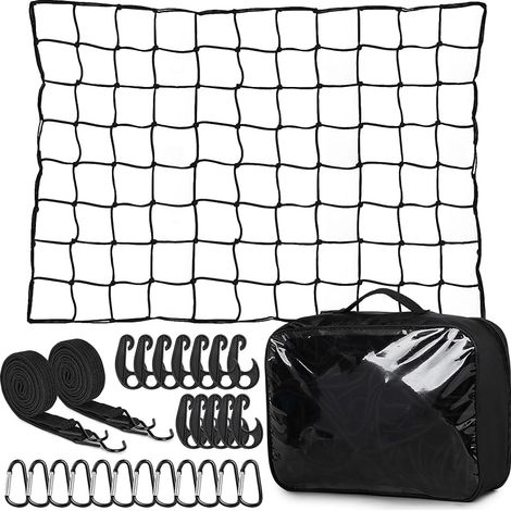 Filet à Bagages Elastique Extensible de 1,2m x 0,9m à 1,8m x 2,4m Filet Remorque avec 12 Mousquetons, 12 Crochets, 2 Sangles de Serrage avec Crochets (1/5)