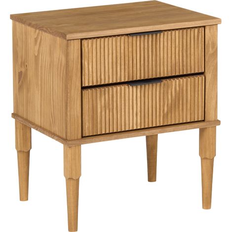 Mesita de noche con 2 cajones estructura de madera patas de pino frentes acanalados marrón claro Tauriac (1/5)