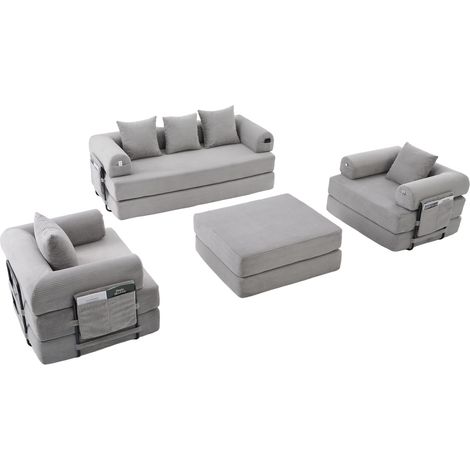 Divano modulare 4 posti in velluto a coste grigio chiaro con pouf, struttura metallica e cuscini (1/5)