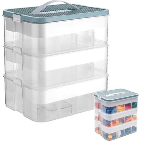Boite Rangement Plastiquee Compatible avec Lego Briques, 3 Couches Boite Rangement avec Couvercle, Jouets Empilable Organiseur Transparent avec Compartiments pour Ranger les Jouets, Coffre a Jouet (1/5)
