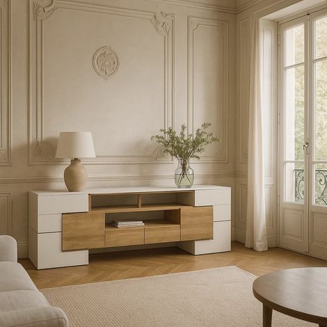 URBAN MEUBLE Buffet de salle à manger blanc brillant et bois avec éclairage LED 200x30x60,7 cm (1/5)