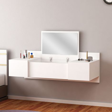 Toeletta Selci, Tocador con Espejo, 3 Puertas, Encimera de Madera Nobilitada, 100x39x33h cm Blanco (1/5)