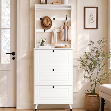 Mueble zapatero de entrada con perchero, 3 abatibles, 66 x 17 x 180 cm, blanco DESVIAE (1/5)