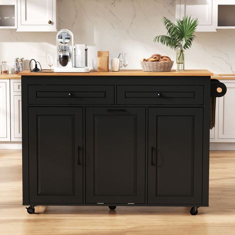 Îlot de cuisine mobile 120 cm avec plateau extensible, prise intégrée, rangement poubelle, meuble cuisine à roulettes avec espace de rangement (1/5)