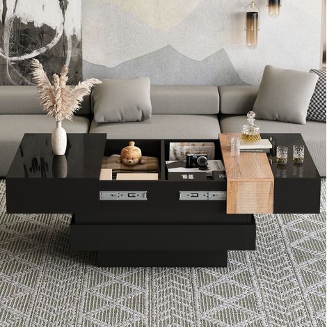 Couchtisch 70 x 70 x 39 cm mit ausziehbarer Platte, verstecktem Stauraum, Schwarz OKMYHOME (1/5)