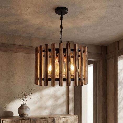 Pendelleuchte Metall Holz 37 cm breit H: max. 80 cm in Schwarz geflammtes Kupfer E27 3-flammig rund