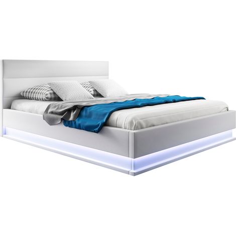 Cama Canapé de matrimonio con colchón  Cama doble con Cabecero y Canapé LED  Somier lamas  Blanco  Madera y polipiel  Modelo Nitas  180x200