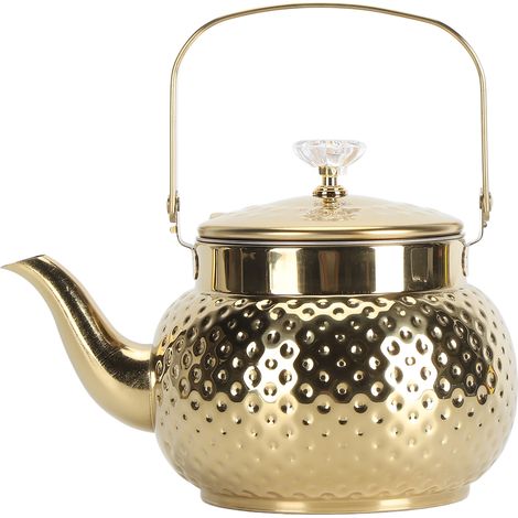 Teekanne aus Edelstahl mit integriertem Teesieb für Zuhause, Restaurant oder Hotel, goldenes Diamantmuster, 2 Liter. (1/5)