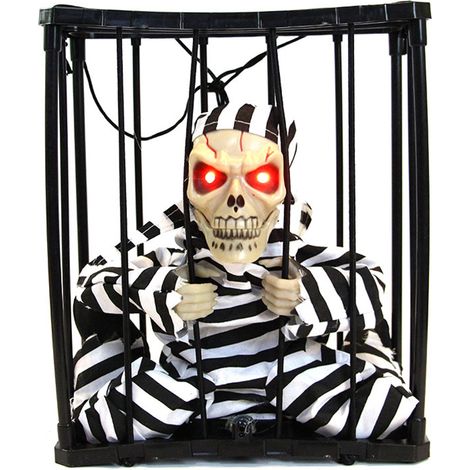 Gruseliges animiertes Skelett mit leuchtenden Augen für Halloween-Dekoration, Gefangener in einem beleuchteten Käfig für Spukhäuser (1/5)
