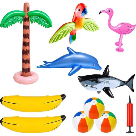 Lot de 11 palmiers gonflables - Flamant rose - Balles de plage gonflables - Balles de plage - Pour perroquet, requin, dauphin, jouet de piscine avec pompe à air (1/5)
