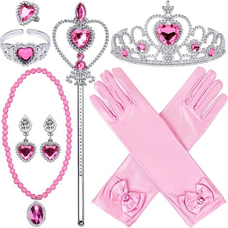 Accessoires de déguisement de princesse - 9 pièces - Bijoux et jouets de princesse pour filles - Couronne, bracelet, bague, boucles d'oreilles, collier, baguette magique - Cadeaux d'anniversaire et ar (1/5)