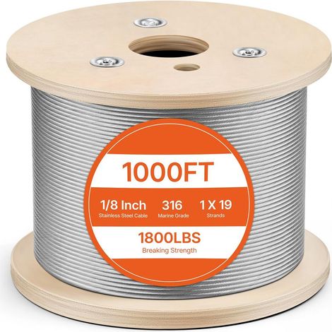 Haute Résistance Câble Acier Inox 316 3,2 mm x 304,8 m Fil Tressé 1x19 avec Coupe-câble pour Garde-corps Terrasse (1/5)