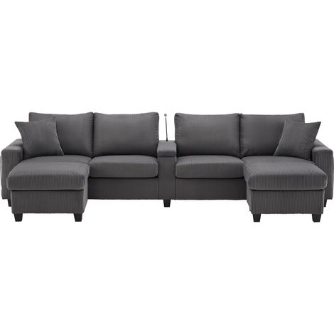 Canapé en velours côtelé en forme de U avec 2 poufs, lampe de lecture, rangement, porte-gobelet et ports USB/Type-C, gris (1/5)