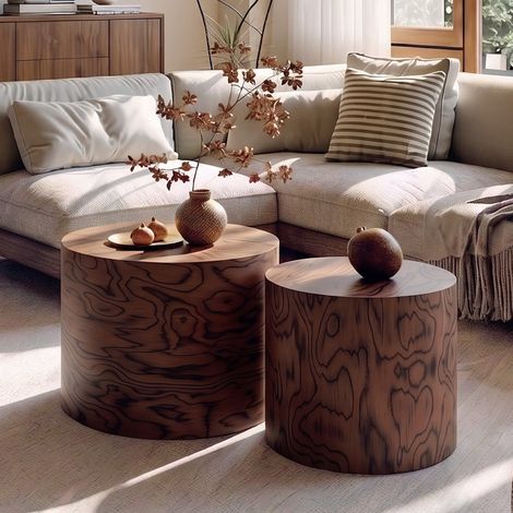 Set di 2 tavolini bassi rotondi impilabili, legno marrone scuro, senza montaggio HAVRYA (1/5)