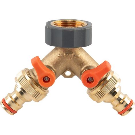 Robinet à 2 voies de laiton, raccords GZ 3/4" x GW 3/4", avec vannes individuelles, modèle Brass Soft, idéal pour le jardin, robuste, facile dede à utiliser. (1/2)