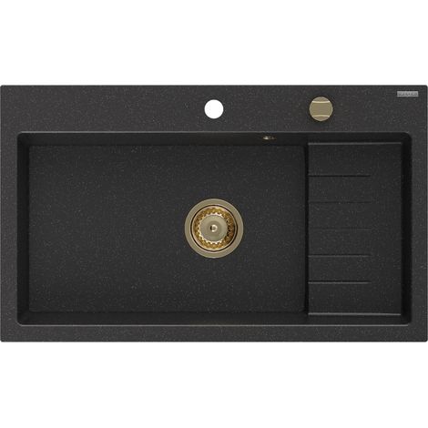 Mexen Omar fregadero de granito de 1 cubeta 800 x 480 mm, negro/plateado met谩lico, sif贸n dorado - 6520801005-73-G (1/5)