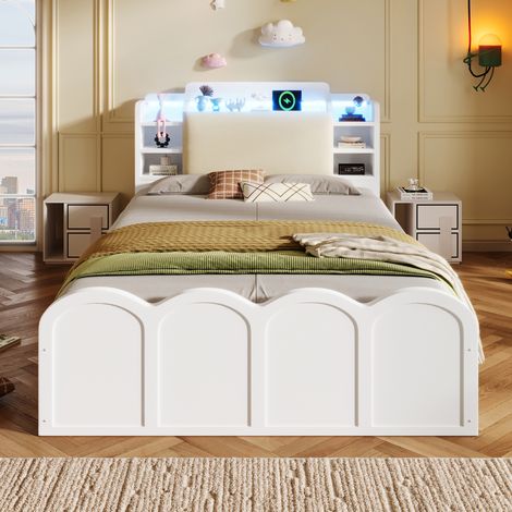 Letto a pannello bianco 90x200 cm in legno di pino, con testiera imbottita, vano contenitore idraulico, LED e USB/Type-C