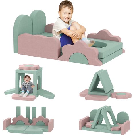 12-teiliges Set Schaumstoffblöcke zum Klettern, Bauen, Krabbeln, Indoor-Spielmatten mit Cordbezug, Grün+Rosa