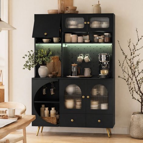 DESMIU Armoire de rangement avec 1 tiroir, niches ouvertes, LED, prises USB et AC pour cuisine et salon, noir, 120 × 40 × 176 cm (1/5)