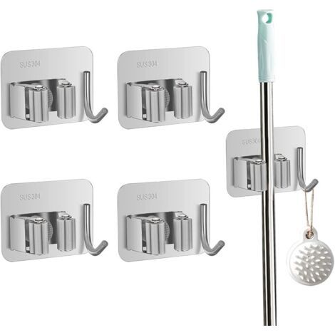 4 Stück Besenhalterung Wandmontage - Silber Besenhalter Wand ohne Bohren mit Haken, Selbstklebende Besenhalterung Wand aus Edelstahl, Organizer für Werkzeuge zur Aufbewahrung von Besen für Küche Garag (1/5)