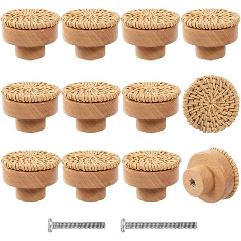 Lot de 12 boutons de commode bohèmes en bois, boutons de meuble en rotin faits à la main avec 24 vis pour meubles de chambre d'enfant (1/5)