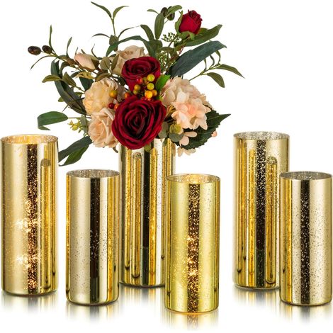 Vases cylindriques dorés pour centres de Table : 6 vases Modernes en Verre Mercure ouragan pour Fleurs – Bougeoirs décoratifs dorés pour fête de Mariage, Salle à Manger, décoration de Table (1/5)