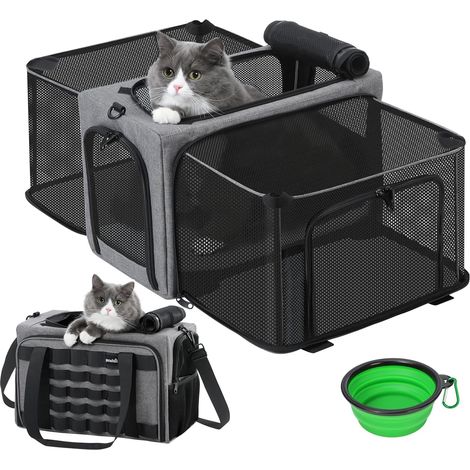 Sac de Transport Chat Extensible, Sac Transport Chat Respirant et Pliable, Sac de Transport pour Chat Caisse de Transport Chat pour Voyage en Avion Train vec et Bandoulière Réglable + Bol,Gris (1/5)