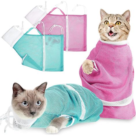 Lot de 2 sacs de bain pour chat – Modèle amélioré troisième génération – Vert blanc et rose blanc (1/5)