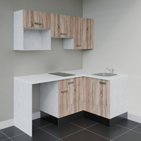 Kitchenette d'angle KA03L-PT avec plan de travail et évier Façade Bois - Plan Blanc - Evier