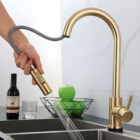 Robinet de cuisine doré – Douchette extractible, acier inoxydable – Or brossé – Rotation 360° (1/5)