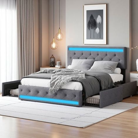 Letto matrimoniale 140x200 - Moderna Minimalista - 4 cassetti - Illuminazione RGB - Porte USB integrate