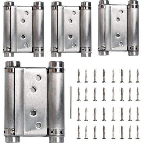 Lot de 4 charnières à ressort à double action, charnières de porte à fermeture automatique pour portes battantes de café, salon, pub, en acier inoxydable 201, avec broches et vis, 7,6 cm (1/5)