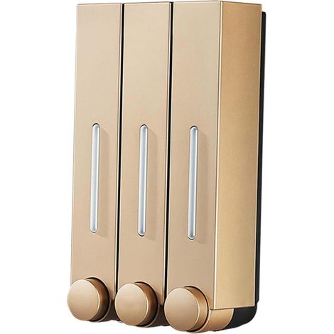 Dispensador de jabón líquido de pared, dispensador manual de jabón, dispensador dorado de champú y gel de ducha, no requiere perforación, tres cabezales. (1/5)