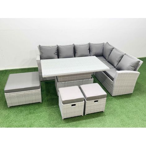 Fimous 9 Seat Rattan Garden Furniture Corner Sofa Set Outdoor Adjustable Lifting Dining or Coffee Table Set with Armchair 3 Footstools Light Grey (1/4)