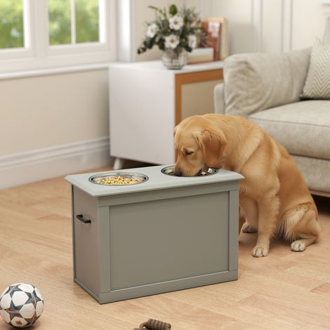 Gamelles chien surélevées double 60x30x41 cm 2 gamelles 2L poignées coffre bois gris (1/5)