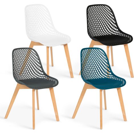 Idmarket – Lot de 4 chaises MANDY – Assise en polypropylène – Dossier ajouré – Pieds en bois – Mix color blanc, gris, bleu canard et noir