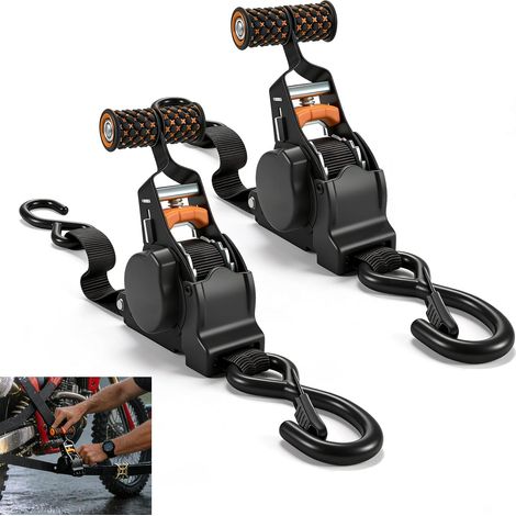 Sangles Auto-enroulantes 2 pièces, Sangles automatiques, 3 m x 25 mm, avec Crochets en S, résistance à la Rupture de 680 kg, pour camions, Motos (1/5)