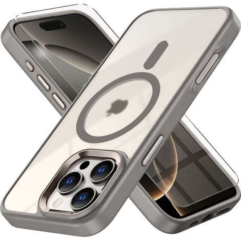 Custodia per iPhone 16 Pro Max, compatibile con MagSafe, finitura opaca, trasparente/titanio + pellicola protettiva per lo schermo. (1/5)