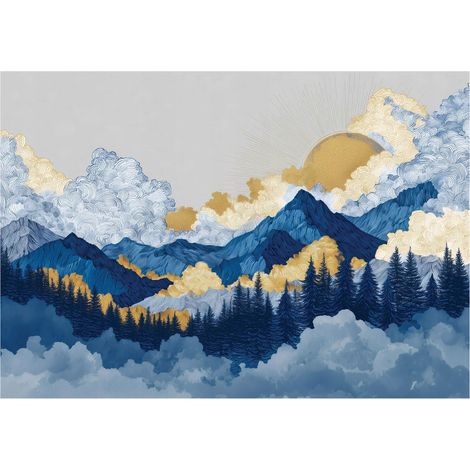 Fototapete Berge Wald Aquarell – Moderne Großformat Wandtapete 200x140 cm – Für Wohnzimmer & Schlafzimmer
