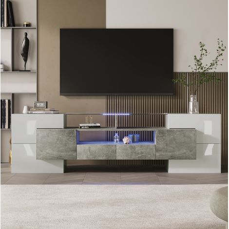 Meuble TV 200x35x60 cm gris en MDF avec surface brillante, LED et grand rangement (1/5)