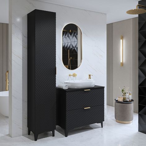 Conjunto mueble bajo lavabo 80 cm y columna sobre patas Cléa Negro (1/4)