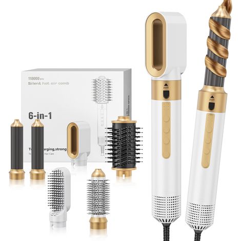 6-in-1 Haarstyler, Luftstyler, Haartrockner, Föhnbürste, Haarstyling-Werkzeuge, 3 Windgeschwindigkeits- und Temperaturstufen, zum Trocknen, Locken und Glätten, Weiß