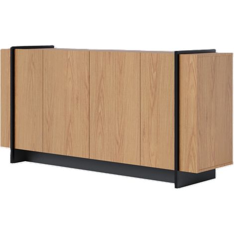 Beaux Meubles Pas Chers – Buffet bas imitation chêne 4 portes – 6 niches – L 160 x H 79.7 x P 42.5 cm – Bois certifié FSC – Sur socle avec habillage métal noir (1/5)