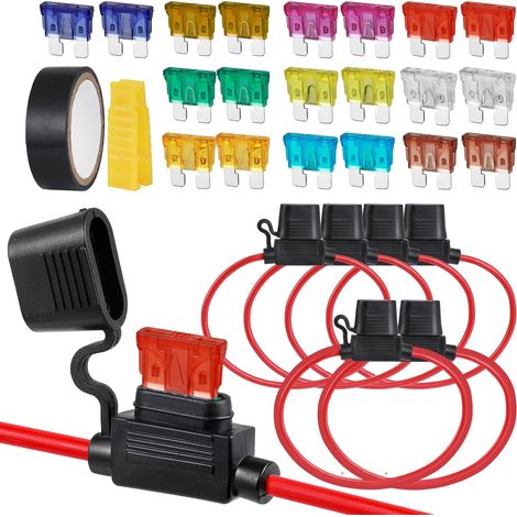 Sicherungshalter 12AWG (2) + 14AWG (2) + 16AWG (2), wasserdichter 12-V-Kfz-Sicherungshalter mit 20 Kfz-Sicherungen 3A/5A/7,5A/10A/15A/20A/25A/30A/35A/40A, Flachsicherungssatz für Auto/LKW/Motorrad