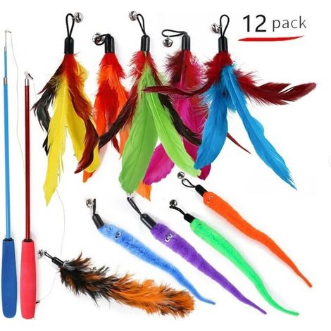 12 PCS Jouet Chat Plume, Jouet bâton Chat Canne à pêche avec 2 PCS Interactif Rétractable Canne, 10 PCS Plume de Rechange avec Pendentif, Jouet Perche Télescopique pour l'intérieur Chats et Chatons (1/5)