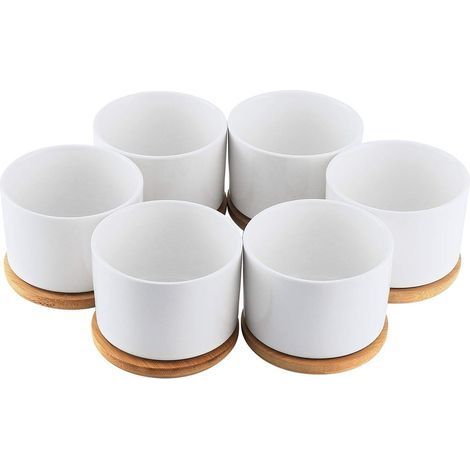 Pot de Succulent en Céramique Blanc Pots de Fleurs Petit Pot Conteneuravec Plateau en Bamboo(6pcs) (1/3)