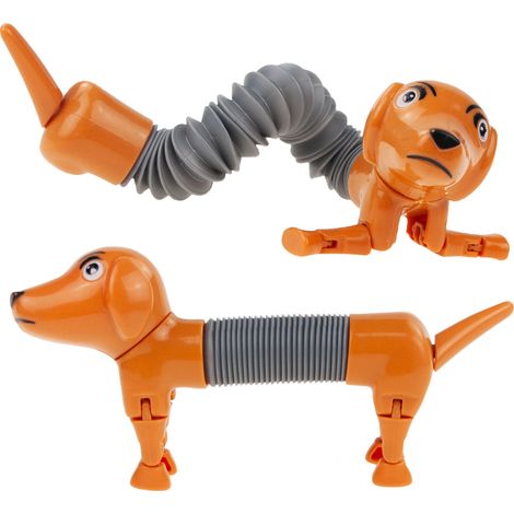 TG71095 DACHSHUND-HUND ZUM DEHNEN, ANTI-STRESS, BERUHIGEND, POP-ROHR, AUSZIEHBARES SPIELZEUG MIT FEDER (1/5)