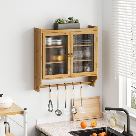 Armoire murale à double porte vitrée avec 3 niveaux de rangement, porte-serviettes, pour salon, salle de bain, salle à manger, naturel
