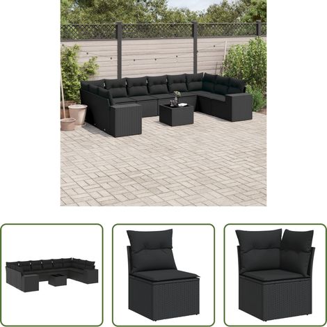 vidaXL Rattanmöbel - 11-tlg. Garten-Sofagarnitur mit Kissen Schwarz Poly Rattan (1/5)