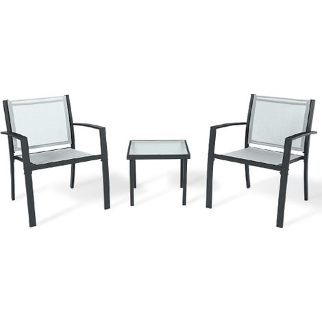 Salon de jardin Havana 3 pie'ces 2 fauteuils et 1 table basse en verre trempe' structure en acier assise et dossier en textile'ne gris
